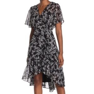 NWT Calvin Klein Black & White Floral Ruffle Faux Wrap Midi Dress Sz 4